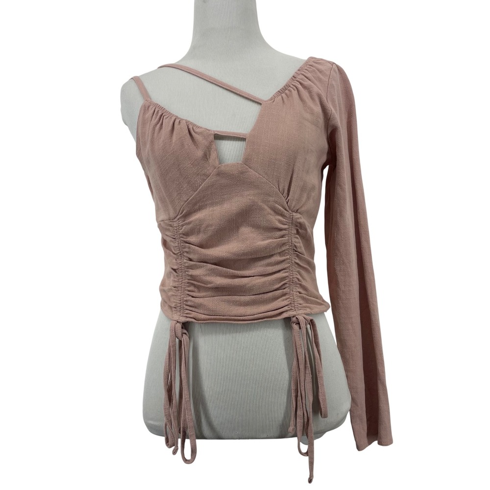 ASOS Size 2 Asymmetric One Sleeve Ruched Top Dusty Rose Linen Blend Blouse Women